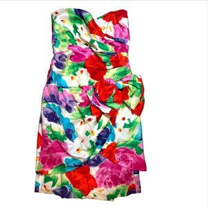 Vintage 80s Pantagis Floral Strapless Cocktail Dress Bold Watercolor Bow USA